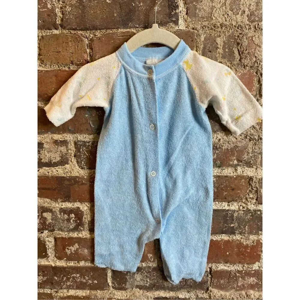 Vintage 80s Triplets Soft Terry Cloth Blue/White Baby Sleeper Pajama Infant Baby